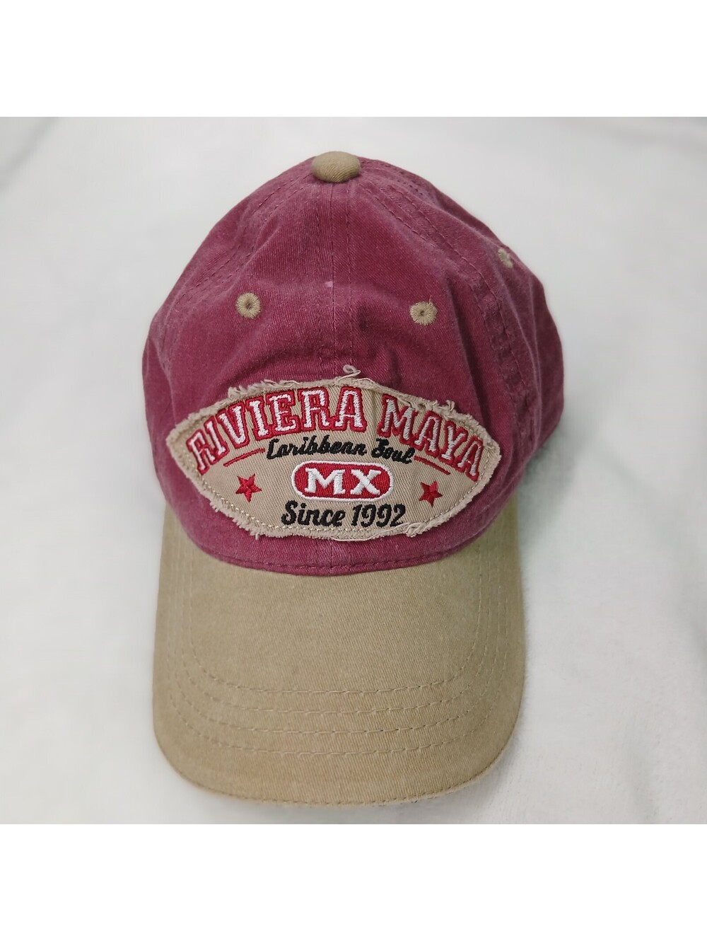 Banana Bay Riviera Maya Baseball Cap Hat Burgundy Khaki Distressed Patch MX